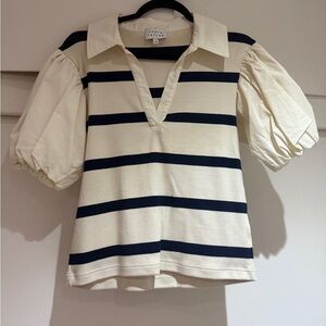 Tanya Taylor Navy and Cream Striped Top